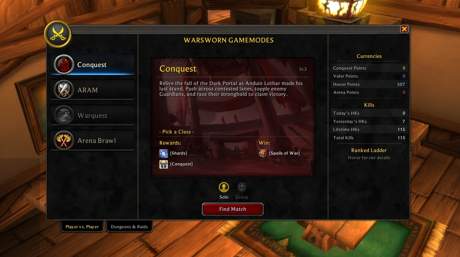 Game modes: Conquest, ARAM, Warquest, Arena Brawl